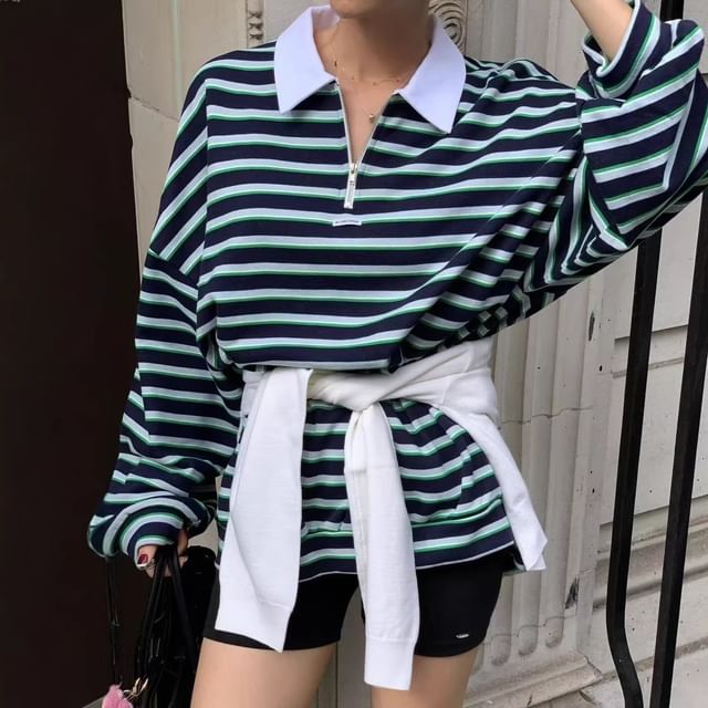 Striped Half-Zip Contrast-Collar Sweatshirt
