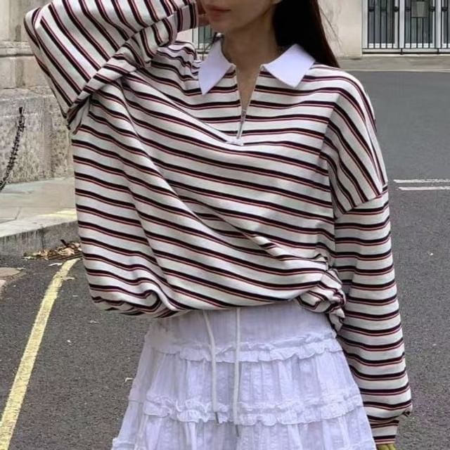 Striped Half-Zip Contrast-Collar Sweatshirt