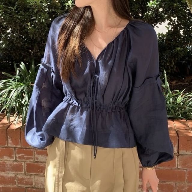 Elegant V-Neck Frilled Crop Top with Long Sleeves