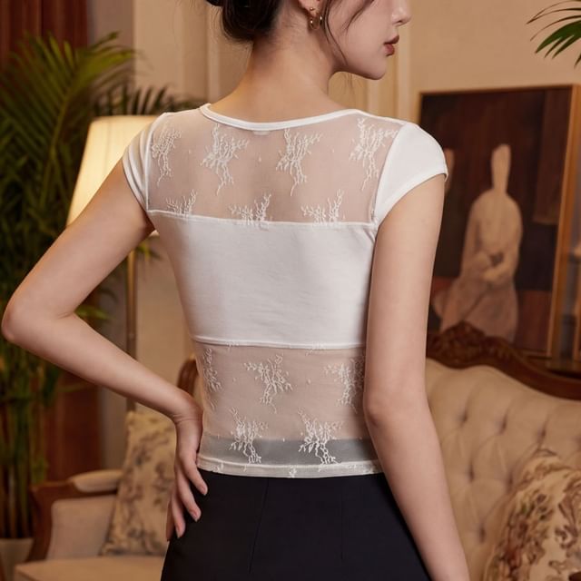 Lace Panel Scoop Neck Tee -