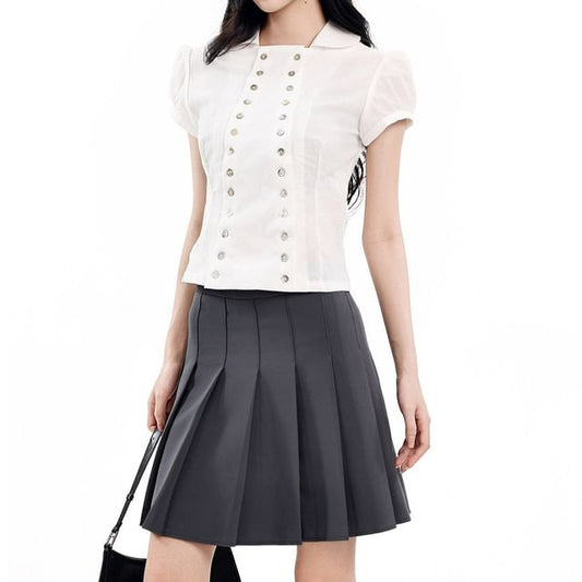 Collared Short Sleeve Button Blouse