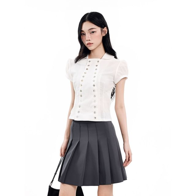 Collared Short Sleeve Button Blouse