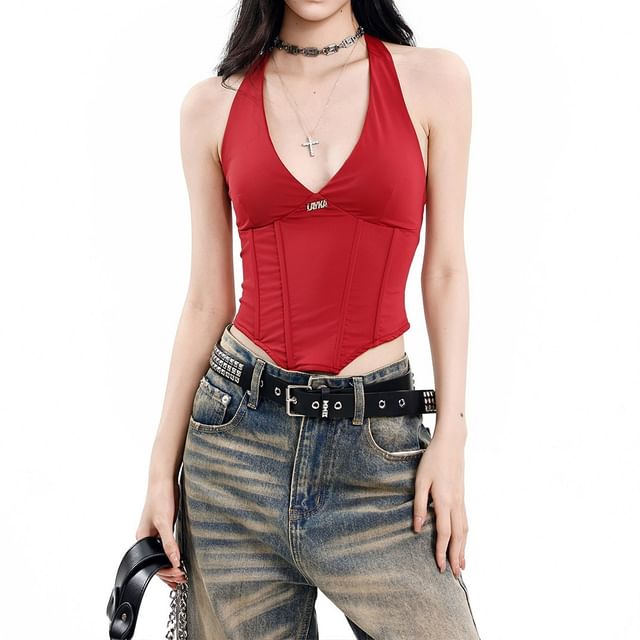V-Neck Halter Crop Bustier Top