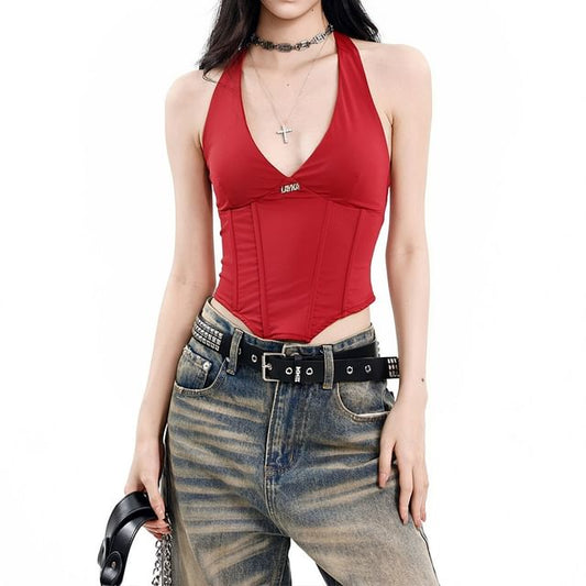 V-Neck Halter Crop Bustier Top