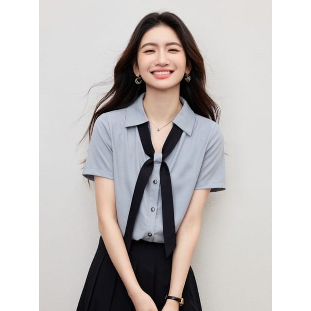 Tie Neck Collared Button Blouse Short Sleeve