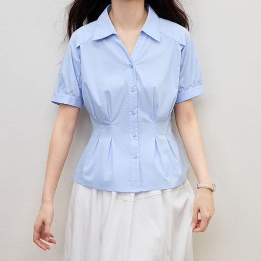 Short Sleeve Collared Button Blouse