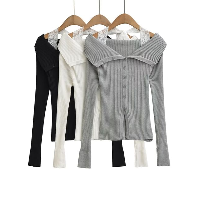 Long Sleeve Cold Shoulder Lace Trim Knit Top