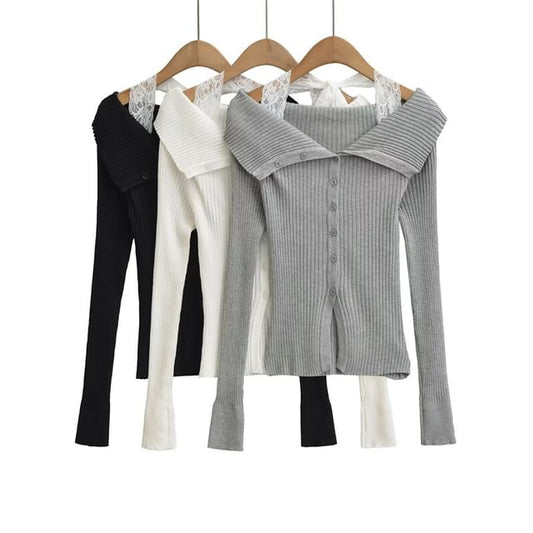 Long Sleeve Cold Shoulder Lace Trim Knit Top