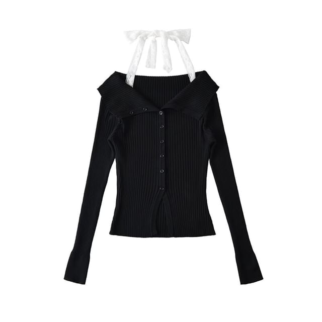 Long Sleeve Cold Shoulder Lace Trim Knit Top