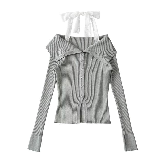 Long Sleeve Cold Shoulder Lace Trim Knit Top