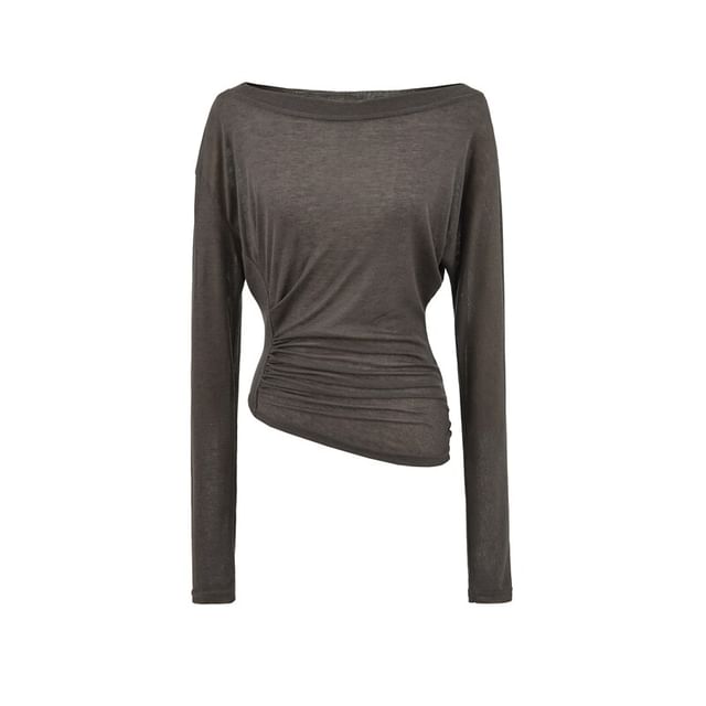 Boat Neck Ruched T-Shirt Long Sleeve