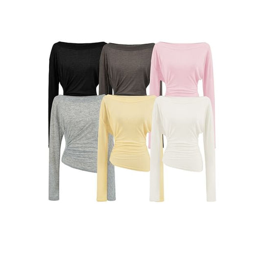 Boat Neck Ruched T-Shirt Long Sleeve