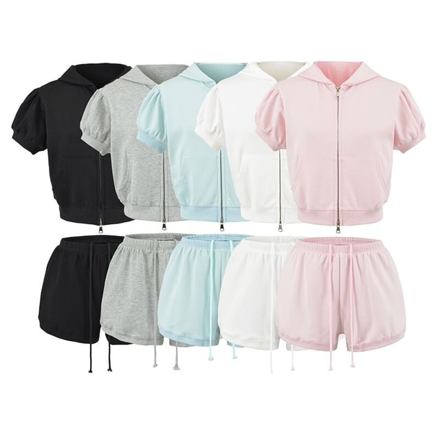 Hooded Zip Top with Drawstring Shorts Set