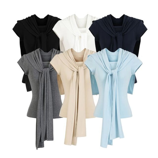 Round Neck T-Shirt & Scarf Set Short Sleeve