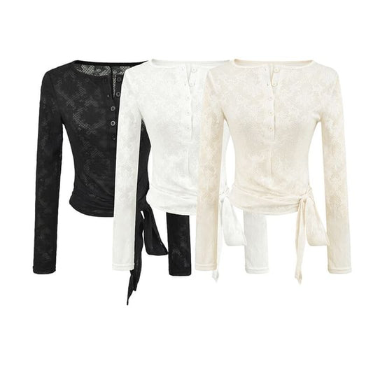 Long Sleeve Boat Neck Lace Waist Top