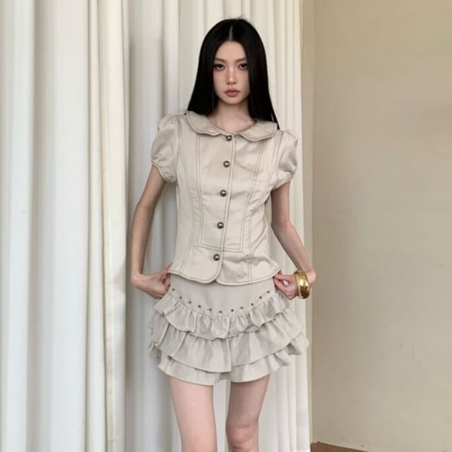 Short Sleeve Collared Contrast Stitch Blouse & Studded Mini A-Line Skirt