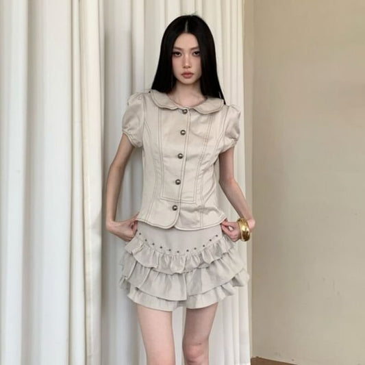 Short Sleeve Collared Contrast Stitch Blouse & Studded Mini A-Line Skirt