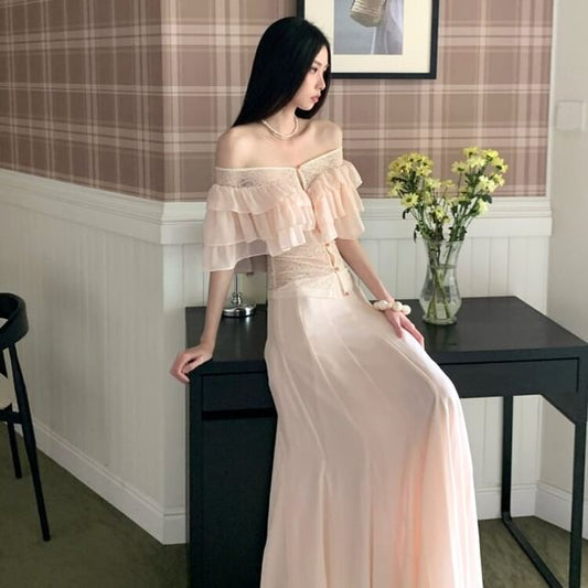 Short Sleeve Off Shoulder Ruffle Lace Blouse & A-Line Skirt