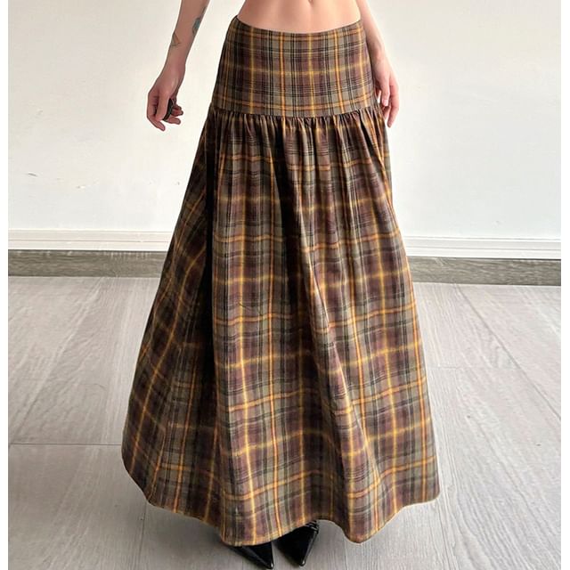 Low Waist Plaid Maxi A-Line Skirt