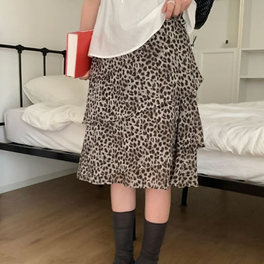 High Waist Leopard Print Asymmetrical Tiered A-Line Skirt