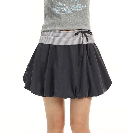 Mid Rise Plaid Panel Mini A-Line Skirt