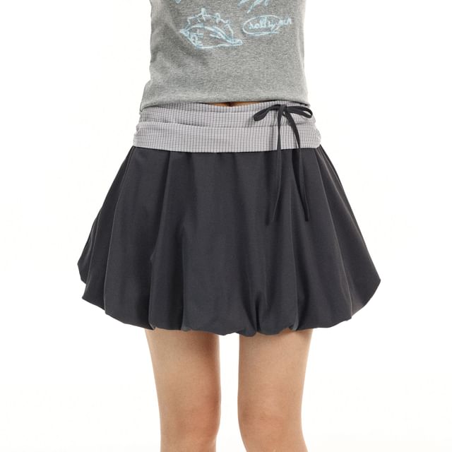 Mid Rise Plaid Panel Mini A-Line Skirt