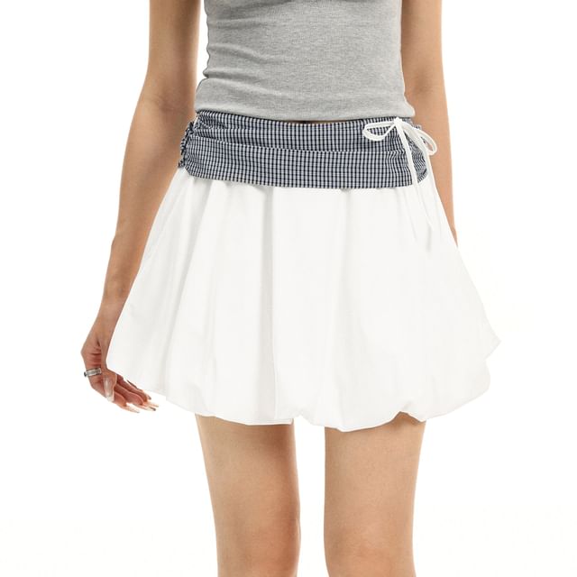 Mid Rise Plaid Panel Mini A-Line Skirt