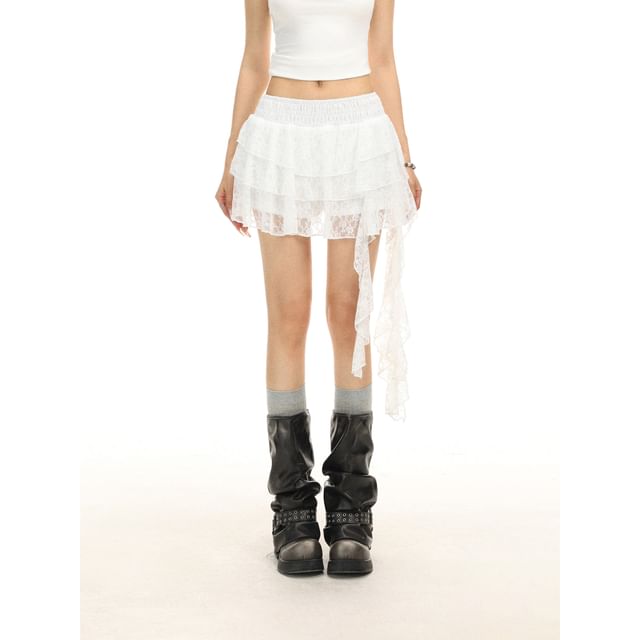 Mid Rise Plain Lace Mini Tiered Skirt