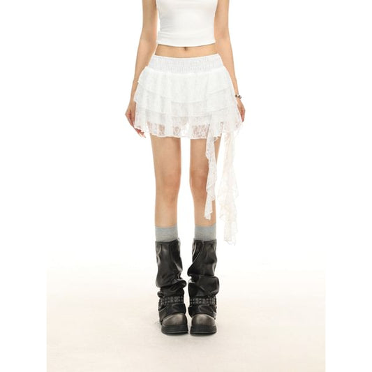 Mid Rise Plain Lace Mini Tiered Skirt
