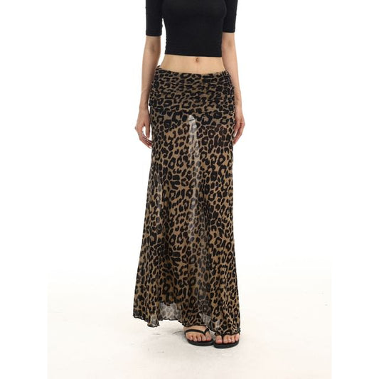 Mid Rise Leopard Print Maxi A-Line Skirt