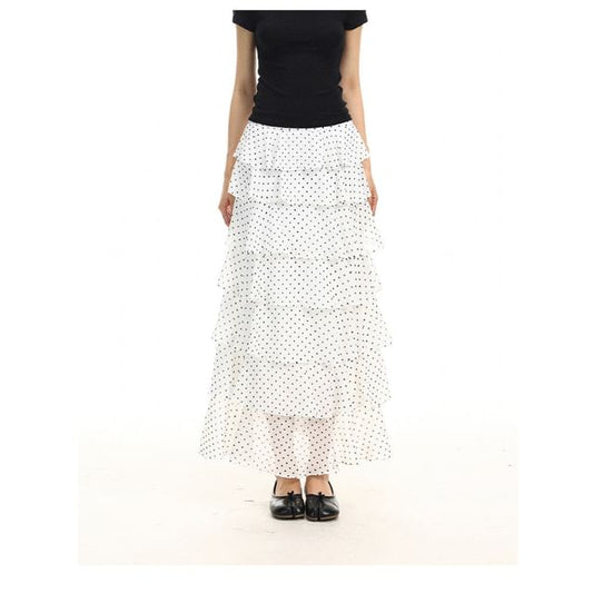 Mid Rise Dotted Maxi Tiered Skirt