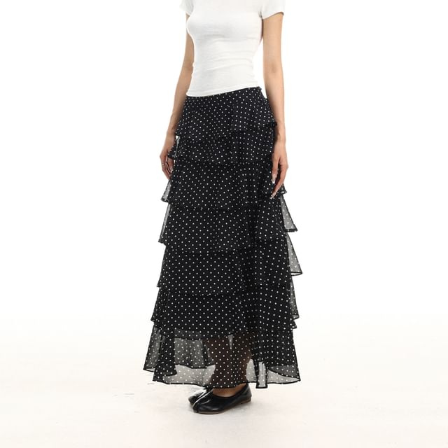Mid Rise Dotted Maxi Tiered Skirt