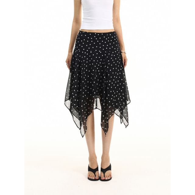 Mid Rise Dotted Asymmetrical Midi A-Line Skirt