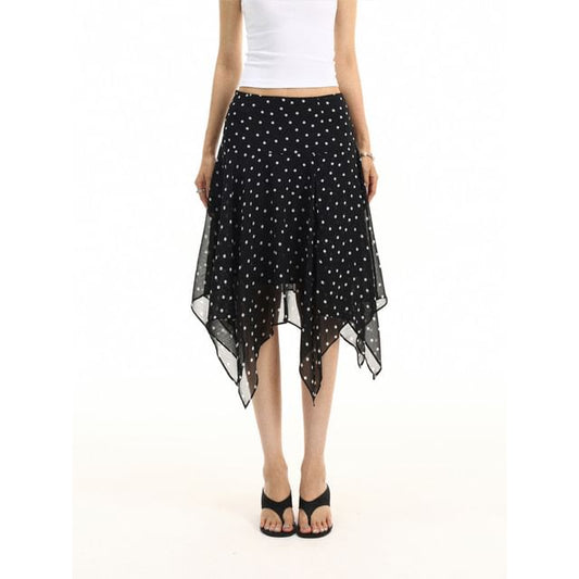 Mid Rise Dotted Asymmetrical Midi A-Line Skirt