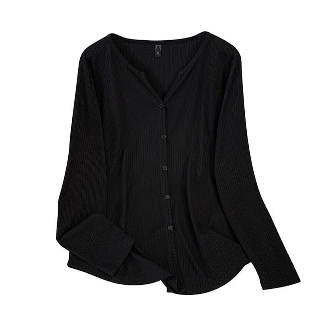 V-Neck Ribbed Button Top Long Sleeve