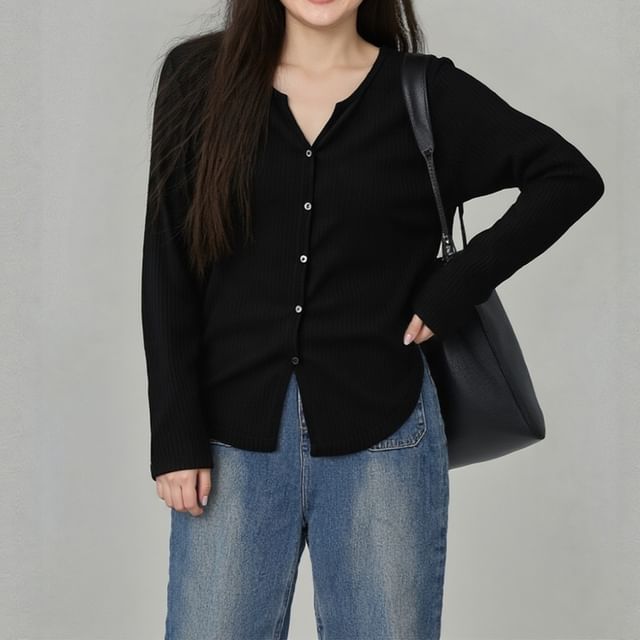 V-Neck Ribbed Button Top Long Sleeve