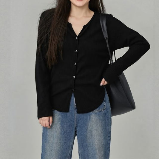 V-Neck Ribbed Button Top Long Sleeve