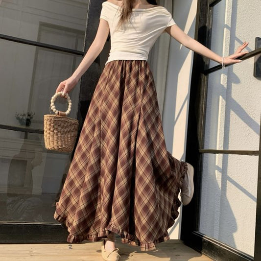 High Waist Plaid Asymmetrical Frill Trim Maxi A-Line Skirt
