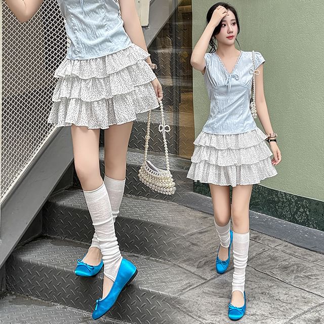 High Waist Micro Dot Tiered Ruffle Mini A-Line Skirt