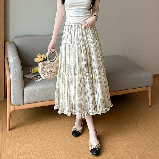 High Waist Micro Dot Frill Trim Midi A-Line Skirt