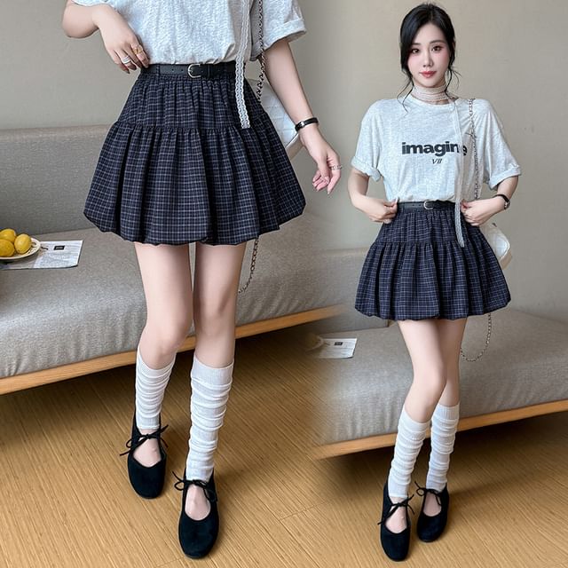 High Waist Plaid Bubble Hem Mini A-Line Skirt