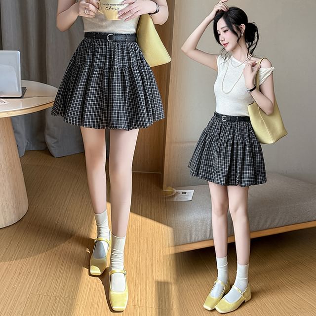 High Waist Plaid Bubble Hem Mini A-Line Skirt