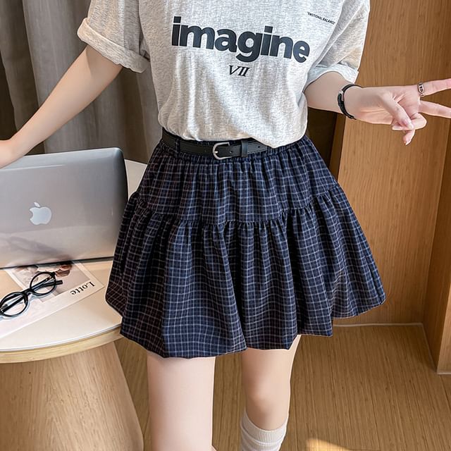 High Waist Plaid Bubble Hem Mini A-Line Skirt