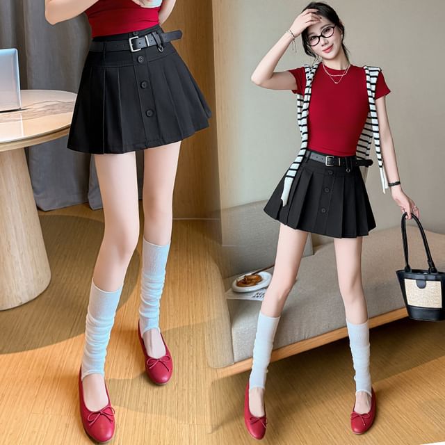 High Waist Plain Pleated Mini A-Line Skirt