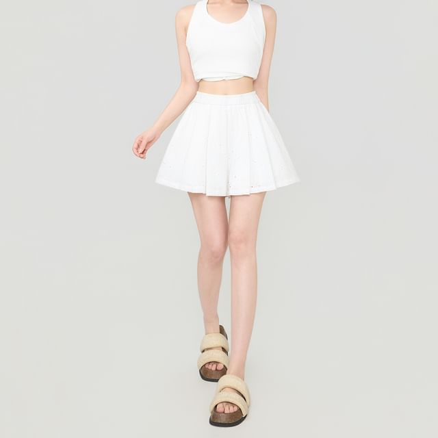 Short Sleeve Perforated Shirt & Mini Pleated Skirt