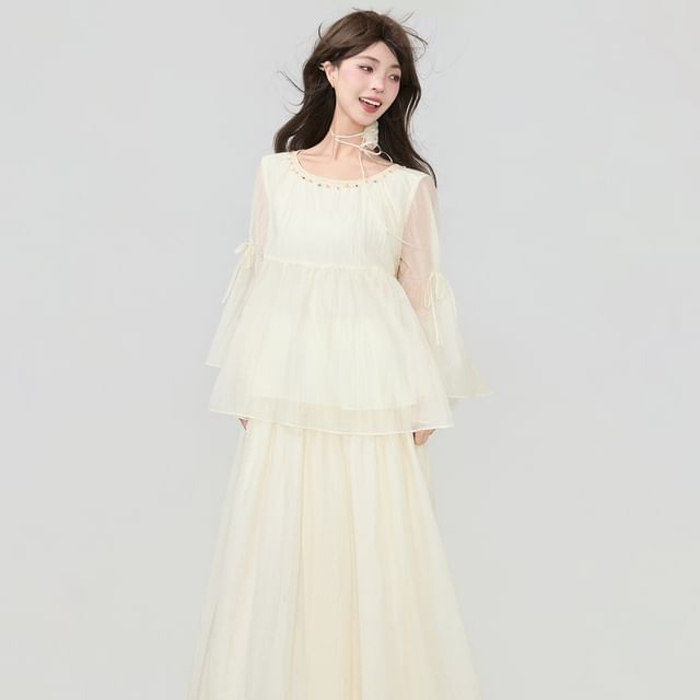 Sheer Long Sleeve Top & Maxi A-Line Skirt