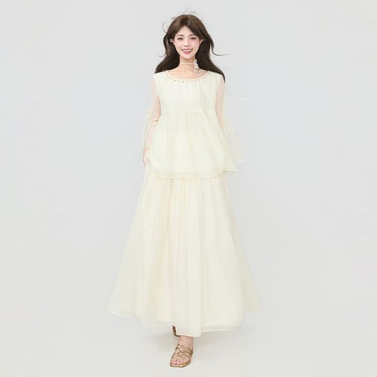Long-Sleeve Crewneck Sheer Blouse / High Waist Maxi A-Line Skirt