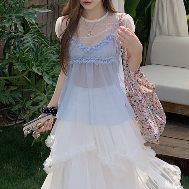 Short Sleeve Round Neck Dotted Mesh Top / Plain Ruffle Sheer Camisole Top / High Waist Plain Frill Tiered Asymmetrical Maxi A-Line Skirt / Set