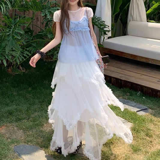 Short Sleeve Round Neck Dotted Mesh Top / Plain Ruffle Sheer Camisole Top / High Waist Plain Frill Tiered Asymmetrical Maxi A-Line Skirt / Set