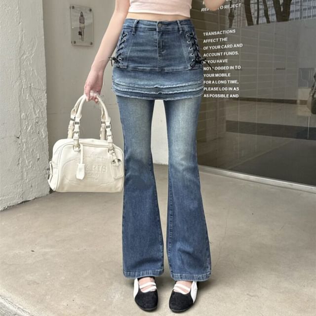 High Waist Skirt Overlay Washed Flared Jeans